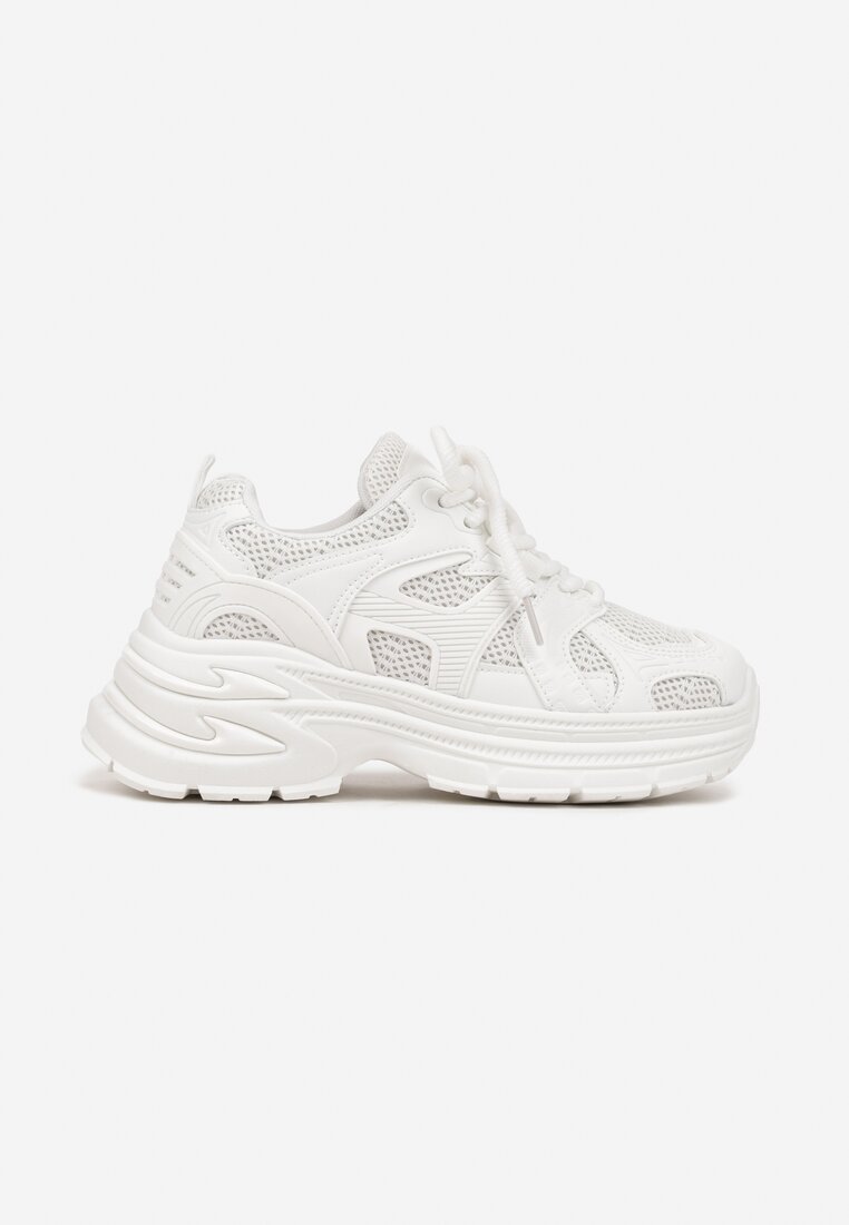 Białe Sneakersy na Grubej Tłoczonej Podeszwie z Geometrycznym Motywem Soloria
