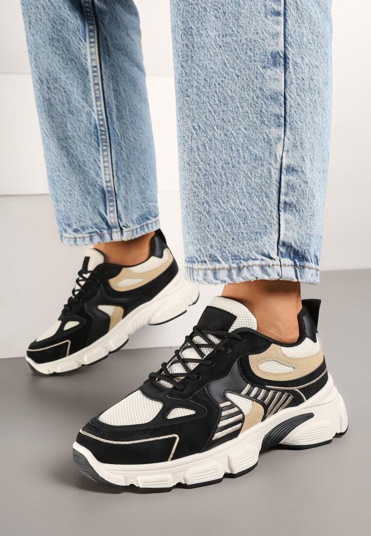 Czarno-Beżowe Sneakersy na Grubej Podeszwie z Tłoczeniami Fellira