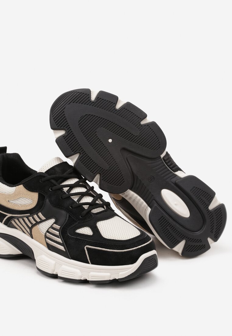 Czarno-Beżowe Sneakersy na Grubej Podeszwie z Tłoczeniami Fellira
