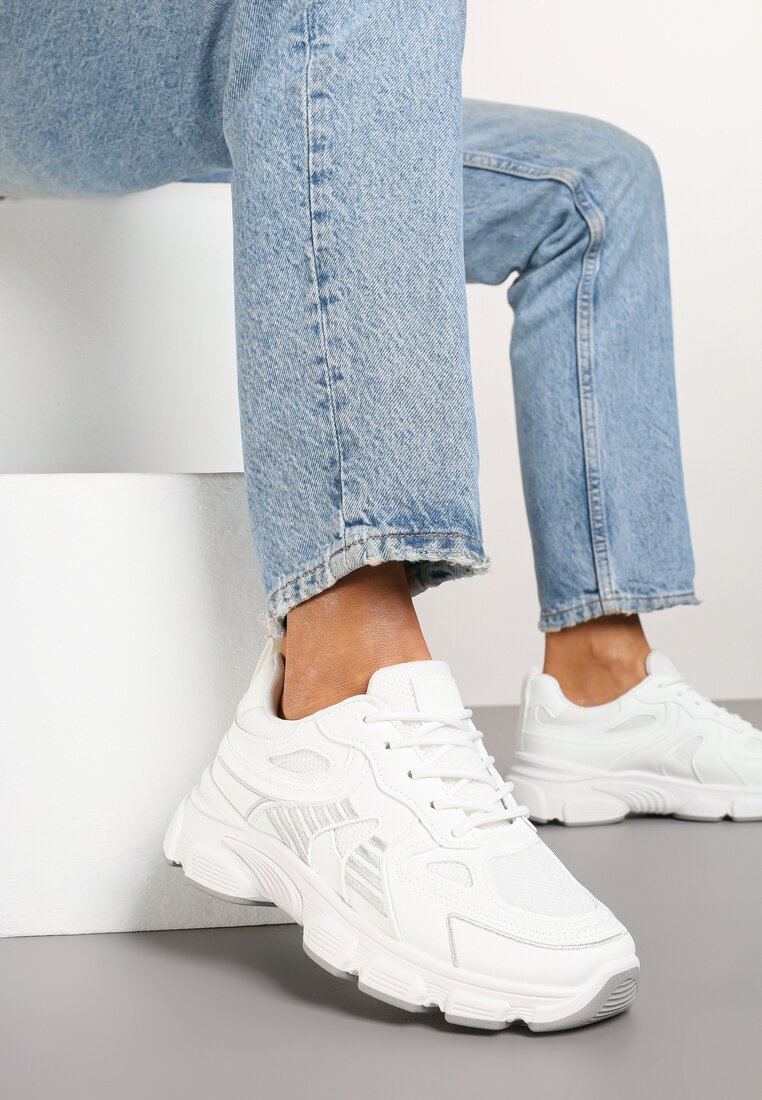 Białe Sneakersy na Grubej Podeszwie z Tłoczeniami Fellira
