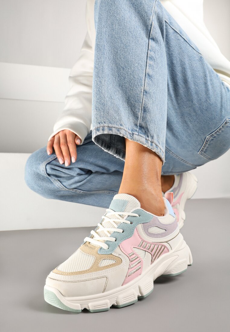 Beżowo-Różowe Sneakersy na Grubej Podeszwie z Tłoczeniami Fellira