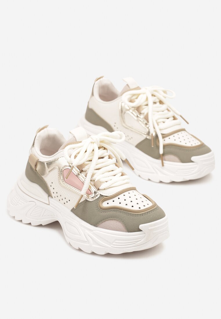 Beżowo-Zielone Sneakersy na Grubej Podeszwie z Tłoczeniami Lilasea