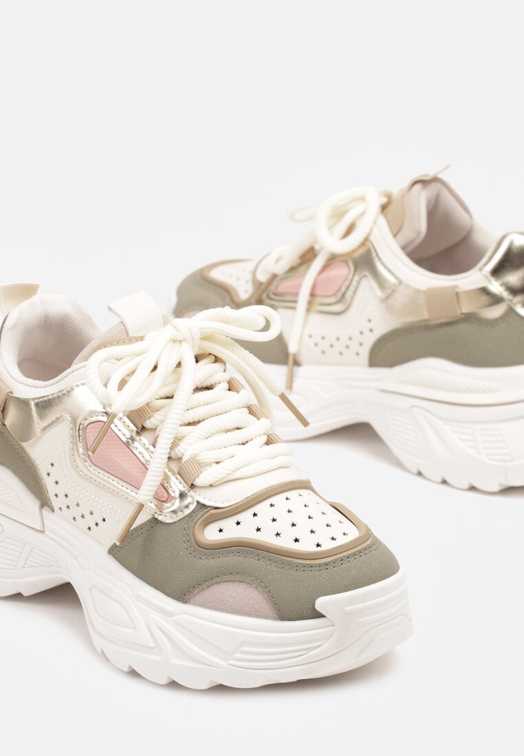 Beżowo-Zielone Sneakersy na Grubej Podeszwie z Tłoczeniami Lilasea