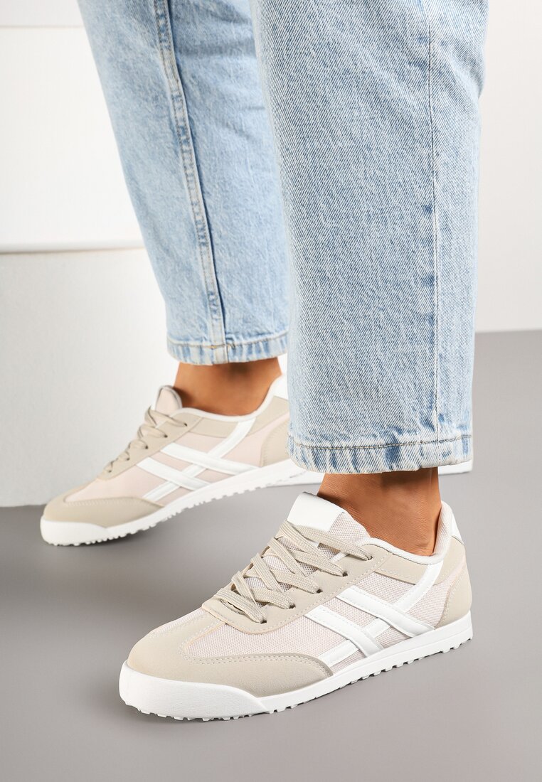 Beżowe Płaskie Sneakersy Ozdobione Paskami Almi