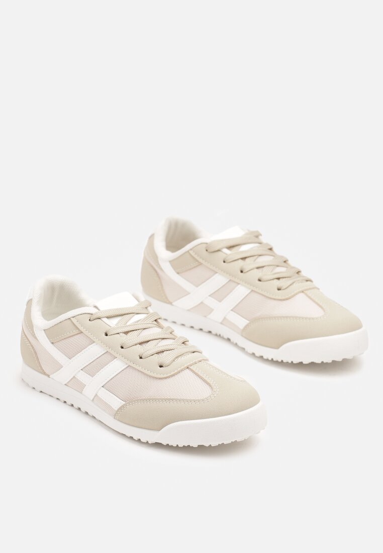 Beżowe Płaskie Sneakersy Ozdobione Paskami Almi