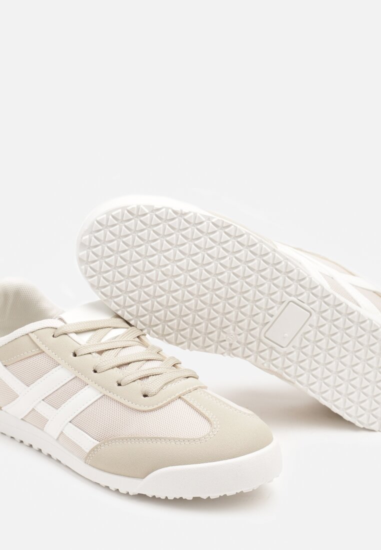 Beżowe Płaskie Sneakersy Ozdobione Paskami Almi
