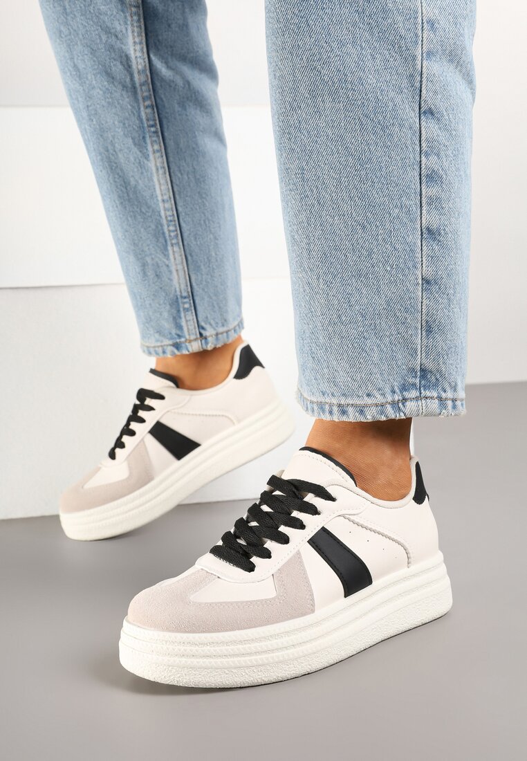 Beżowo-Czarne Sznurowane Sneakersy na Grubej Podeszwie z Geometrycznym Motywem Melmi