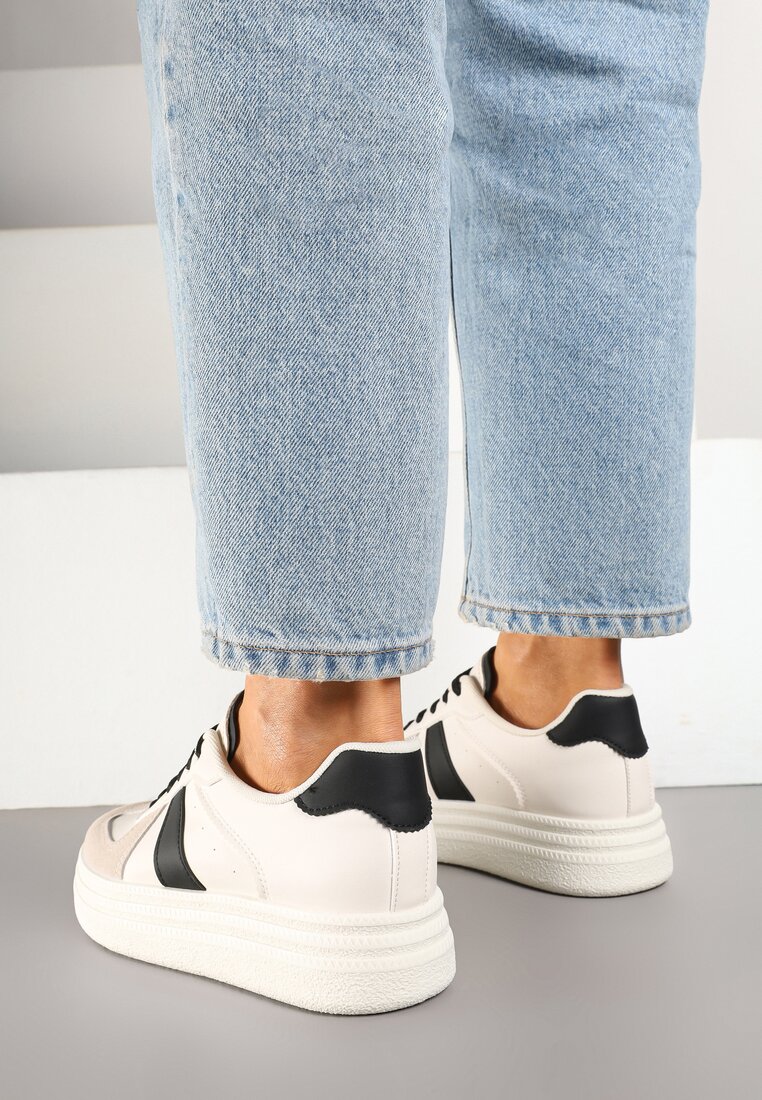 Beżowo-Czarne Sznurowane Sneakersy na Grubej Podeszwie z Geometrycznym Motywem Melmi