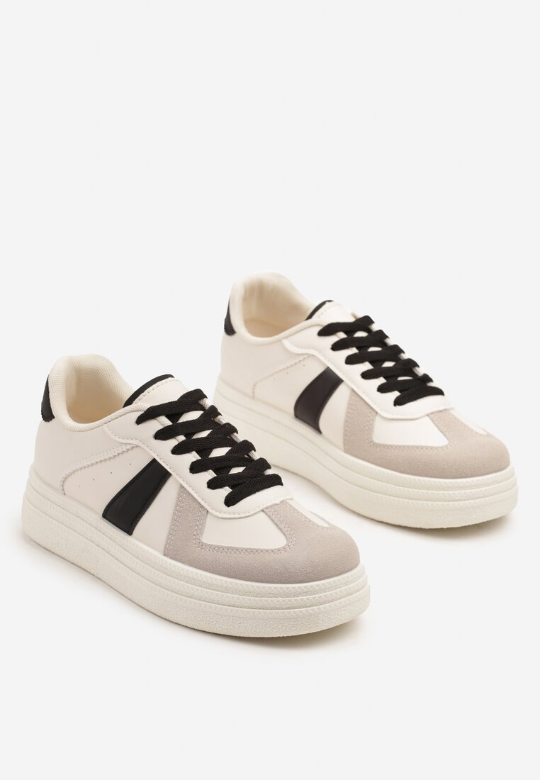 Beżowo-Czarne Sznurowane Sneakersy na Grubej Podeszwie z Geometrycznym Motywem Melmi