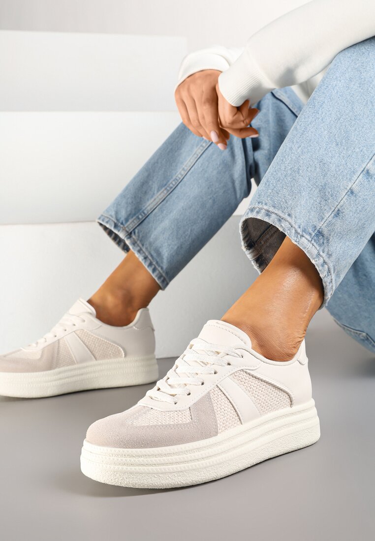 Beżowe Sznurowane Sneakersy na Grubej Podeszwie z Geometrycznym Motywem Melmi