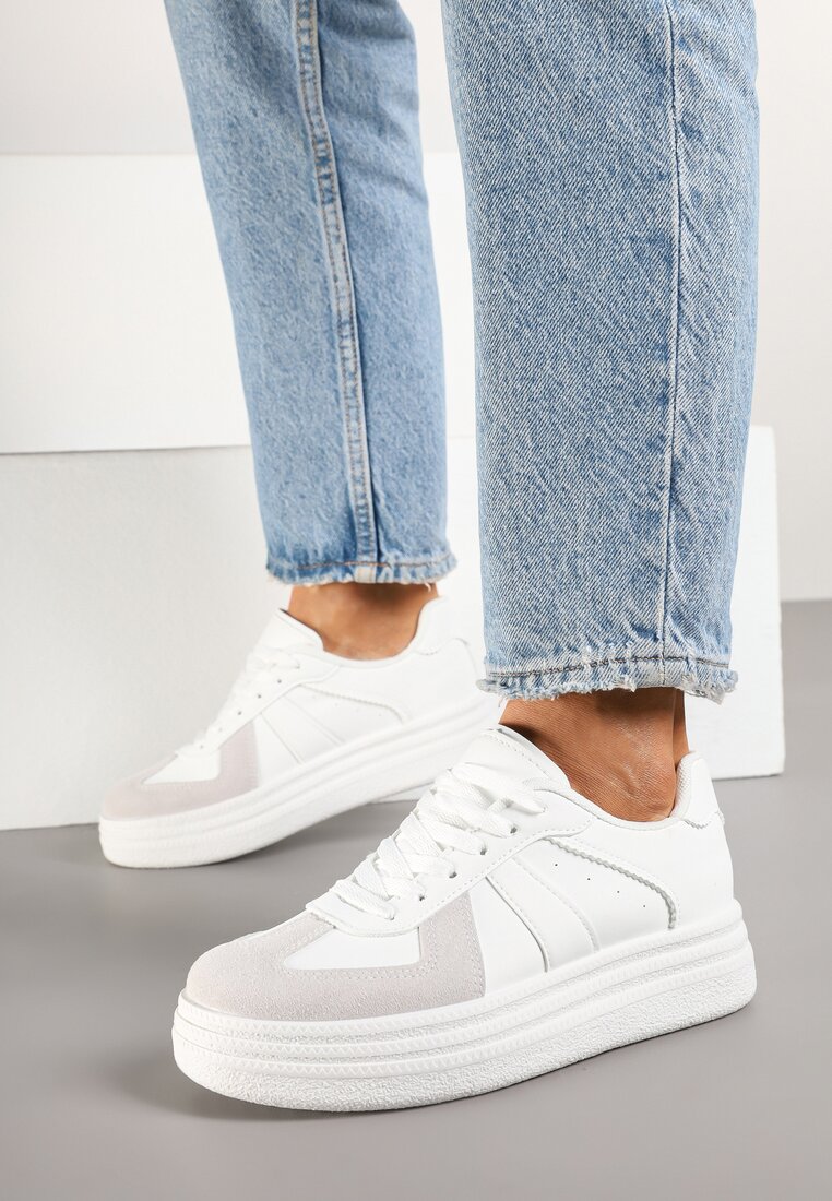 Białe Sznurowane Sneakersy na Grubej Podeszwie z Geometrycznym Motywem Melmi