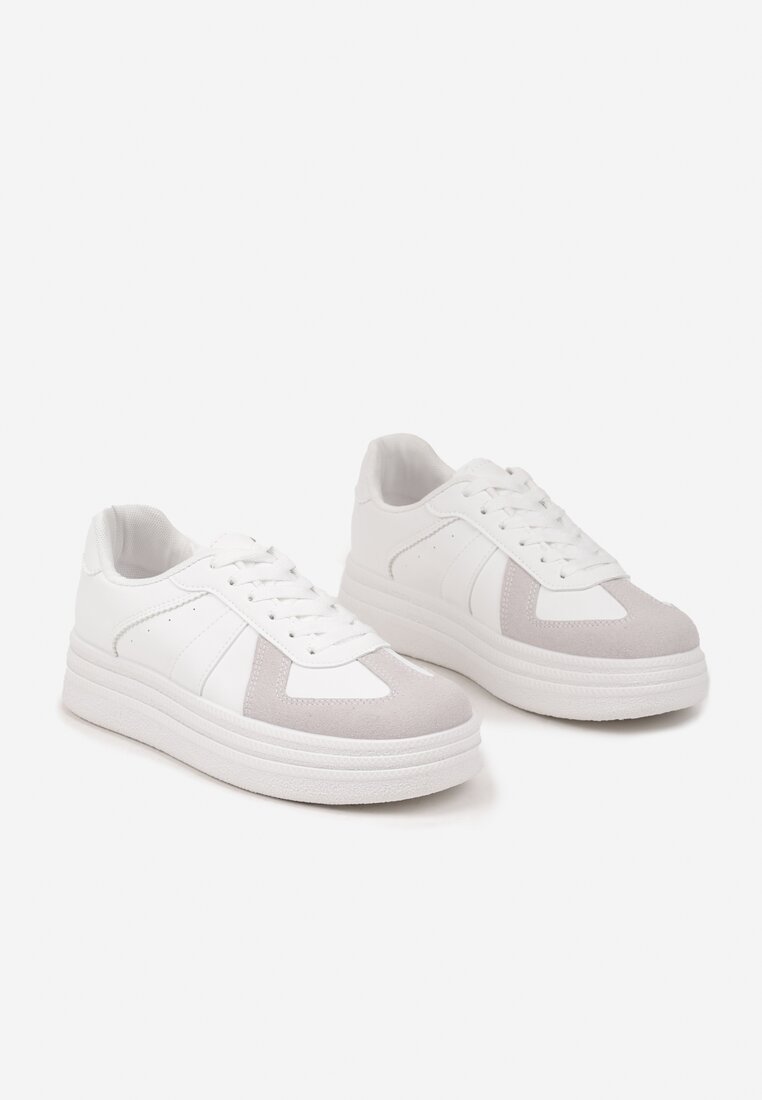 Białe Sznurowane Sneakersy na Grubej Podeszwie z Geometrycznym Motywem Melmi