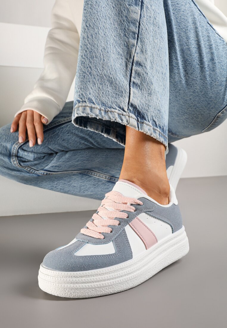 Niebiesko-Białe Sznurowane Sneakersy na Grubej Podeszwie z Geometrycznym Motywem Melmi