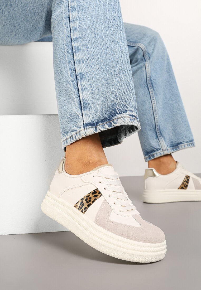 Beżowe Sznurowane Sneakersy na Grubej Podeszwie z Geometrycznym Motywem w Panterkę Melmi