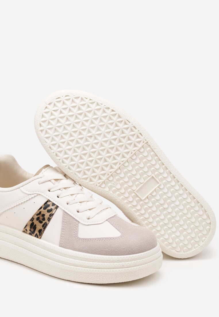 Beżowe Sznurowane Sneakersy na Grubej Podeszwie z Geometrycznym Motywem w Panterkę Melmi