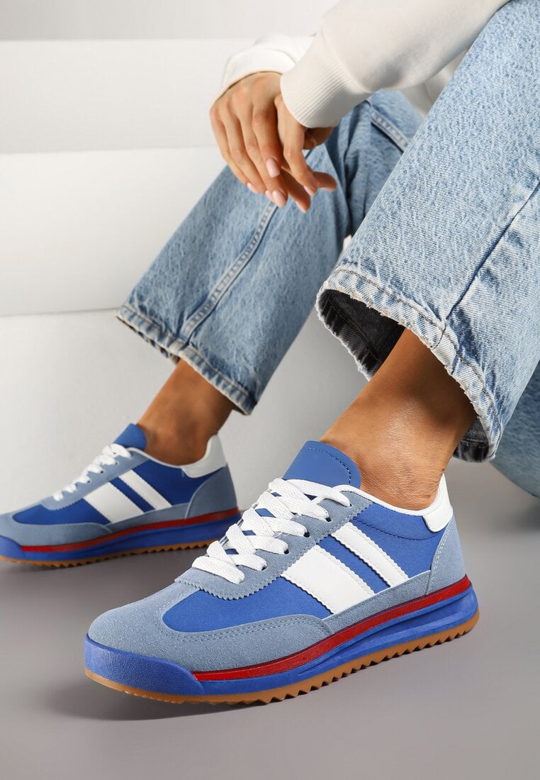 Niebieskie Sneakersy Tenisówki z Ozdobnymi Paskami Flormi