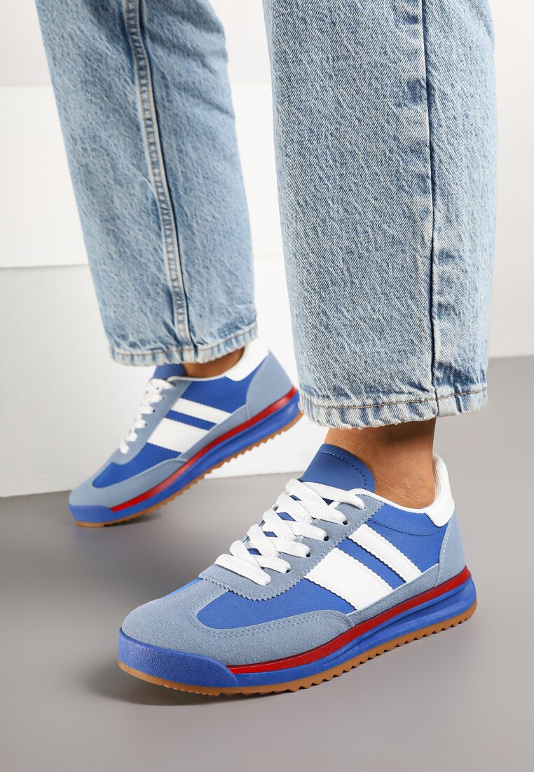 Niebieskie Sneakersy Tenisówki z Ozdobnymi Paskami Flormi