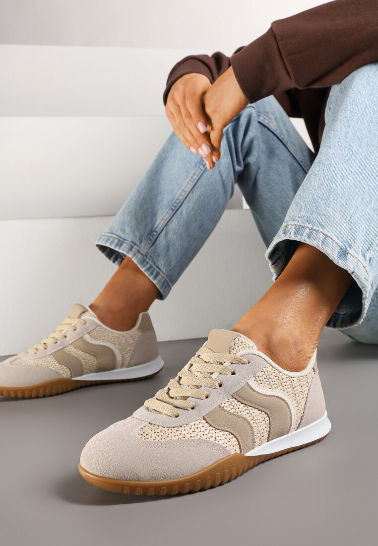 Ciemnobeżowe Sneakersy Ozdobione Plecionką z Rafii Wiloria