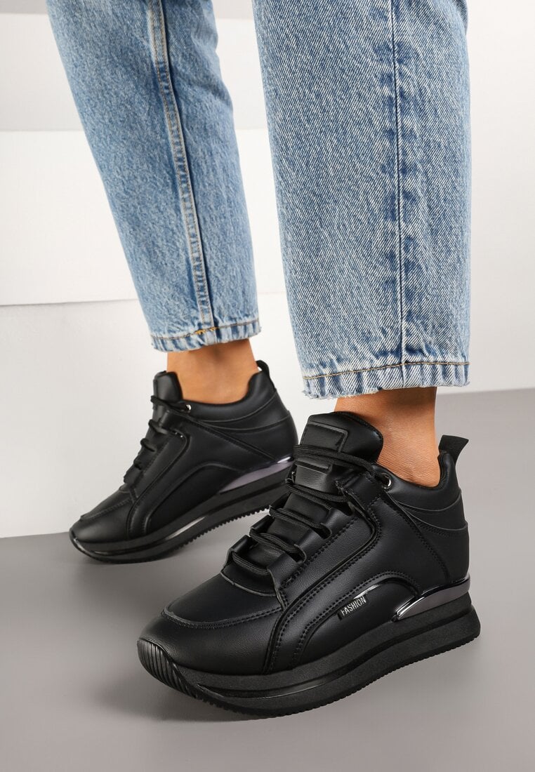Czarne Sneakersy na Ukrytym Koturnie z Metalicznymi Wstawkami Lilesi