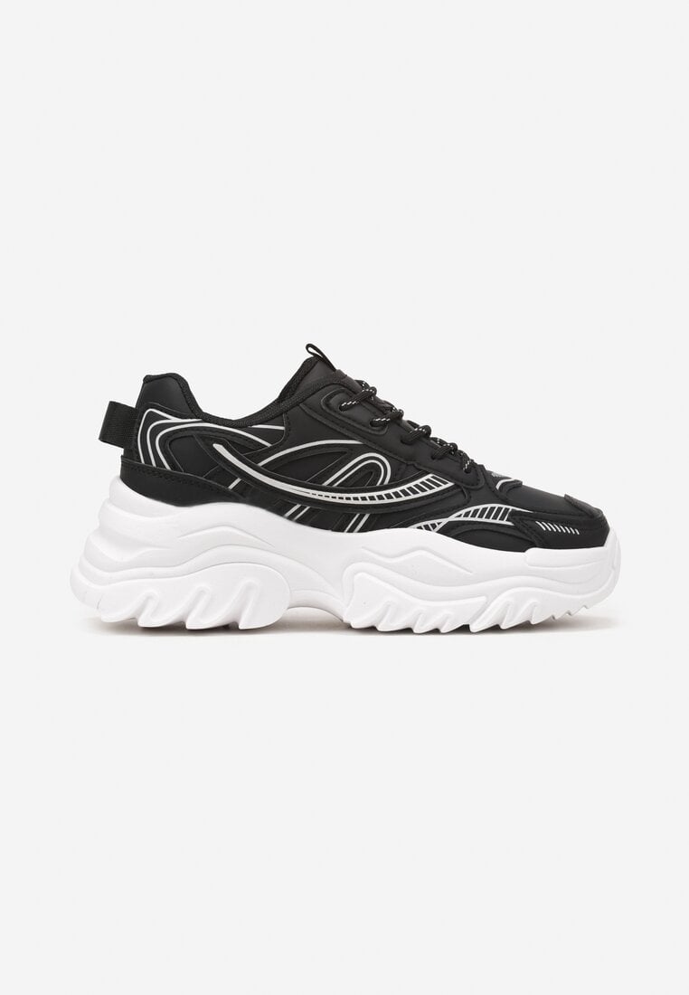 Czarne Sneakersy na Grubej Tłoczonej Podeszwie Ozdobione Paskami Arithra