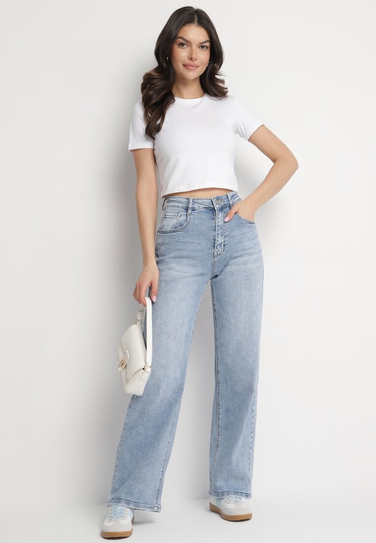 Jasnoniebieskie Jeansy z Szeroką Nogawką i Wysokim Stanem Delarosea