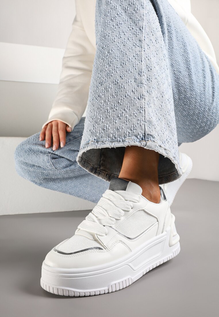 Białe Sneakersy na Grubej Tłoczonej Podeszwie Deoliera