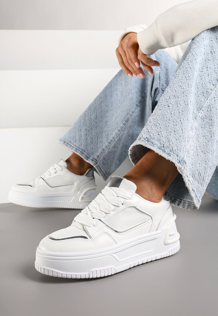Białe Sneakersy na Grubej Tłoczonej Podeszwie Deoliera