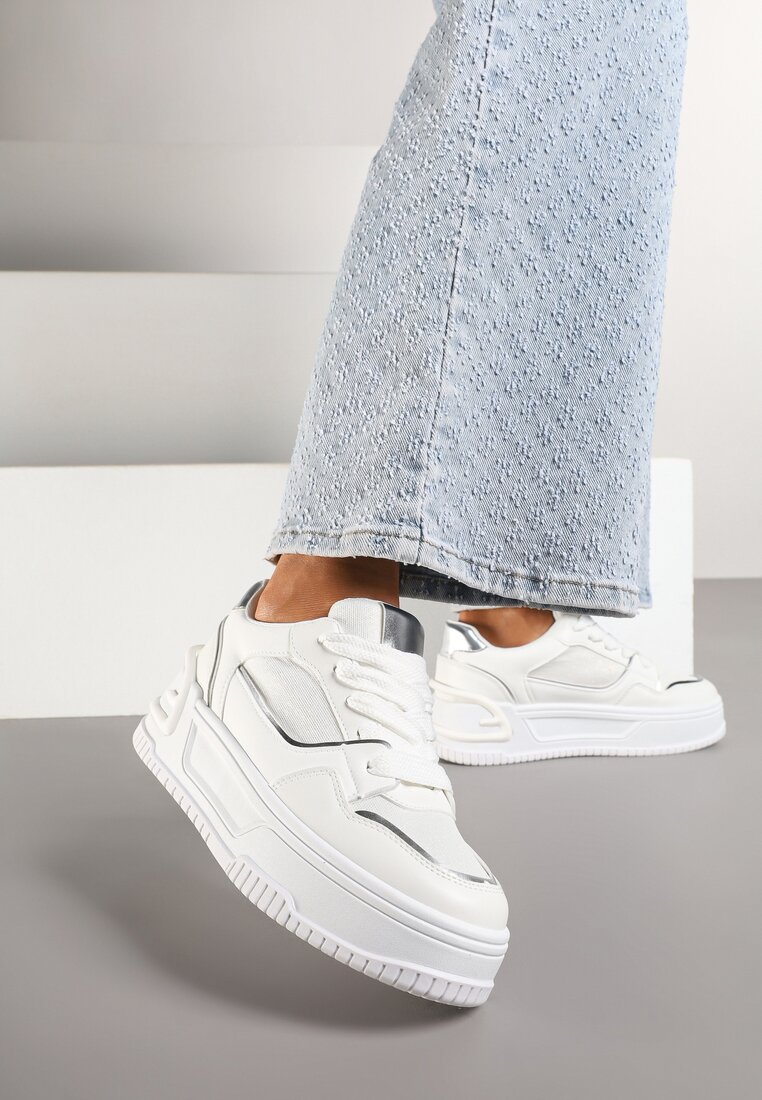 Białe Sneakersy na Grubej Tłoczonej Podeszwie Deoliera