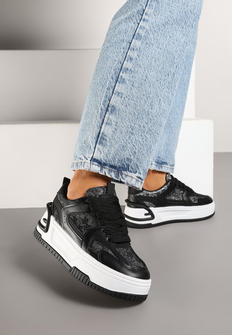 Czarne Sneakersy na Grubej Podeszwie Zdobione Brokatem Deorianis