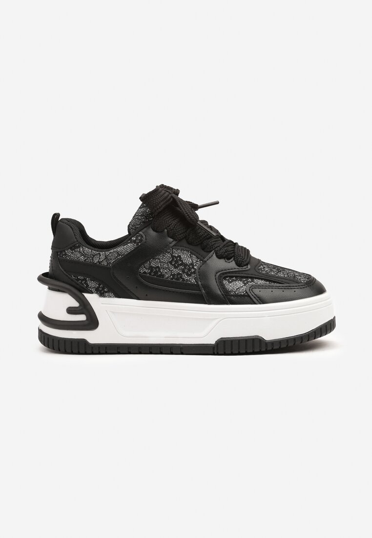 Czarne Sneakersy na Grubej Podeszwie Zdobione Brokatem Deorianis