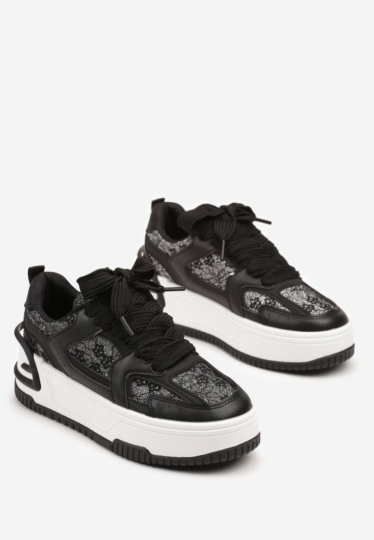 Czarne Sneakersy na Grubej Podeszwie Zdobione Brokatem Deorianis