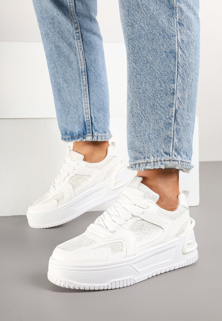 Białe Sneakersy na Grubej Podeszwie Zdobione Brokatem Deorianis