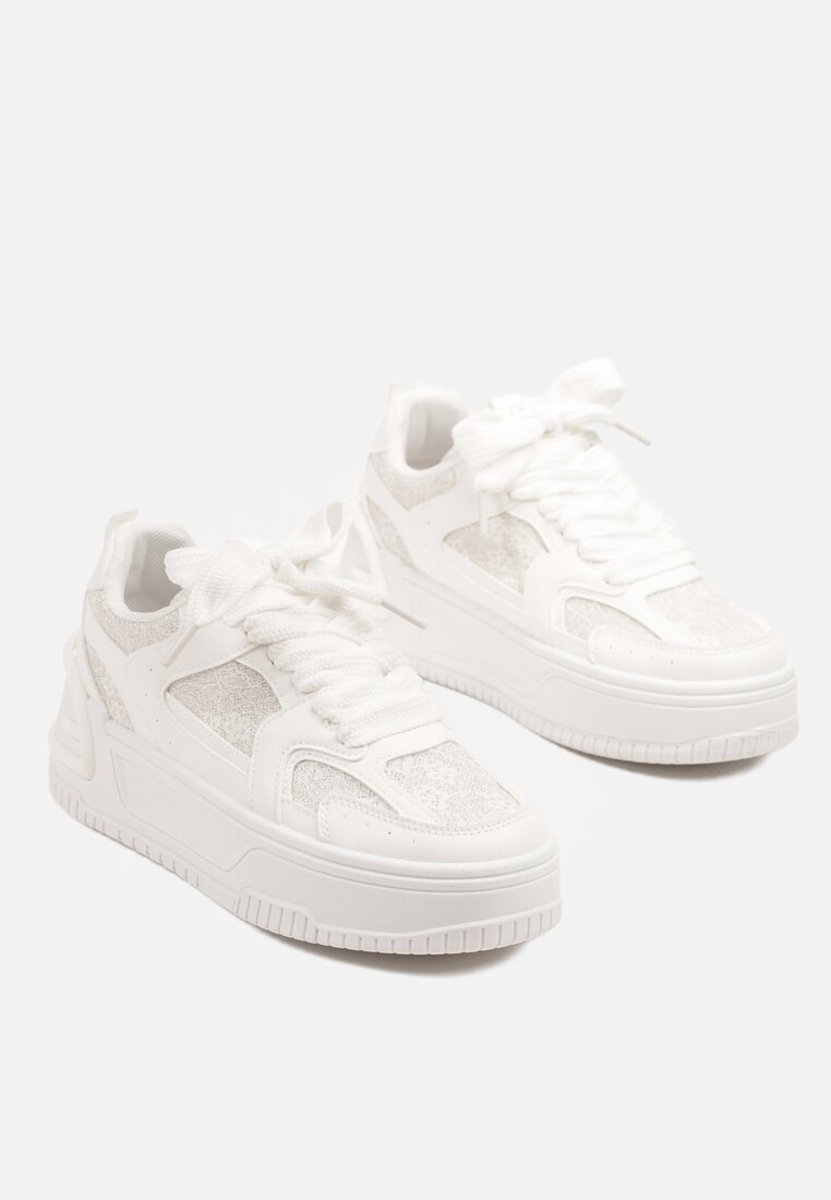Białe Sneakersy na Grubej Podeszwie Zdobione Brokatem Deorianis