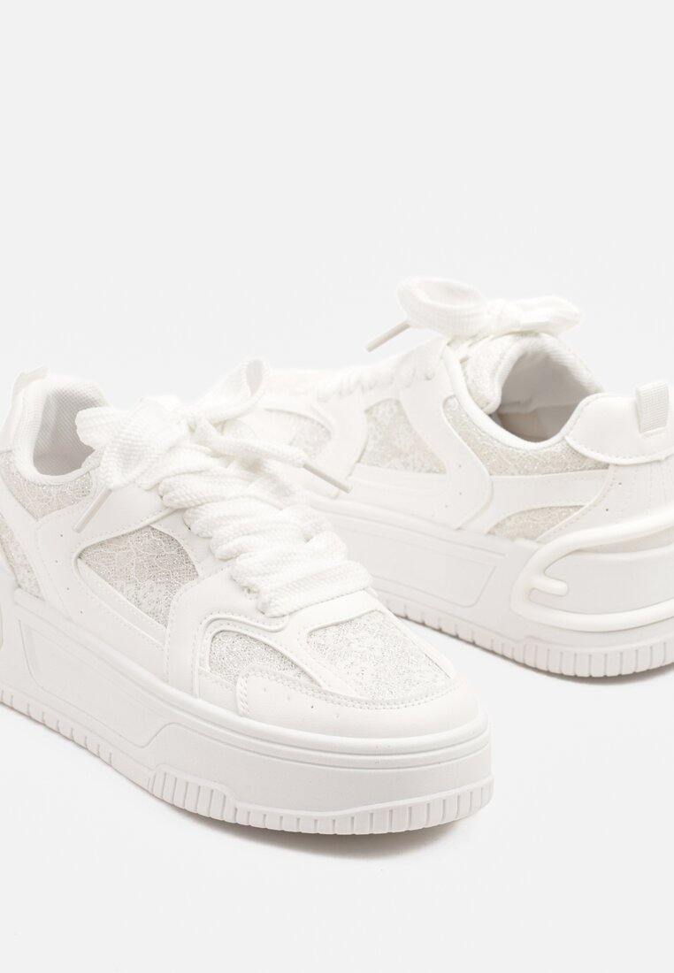 Białe Sneakersy na Grubej Podeszwie Zdobione Brokatem Deorianis