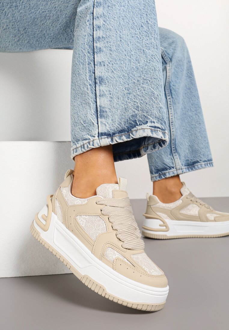 Beżowe Sneakersy na Grubej Podeszwie Zdobione Brokatem Deorianis