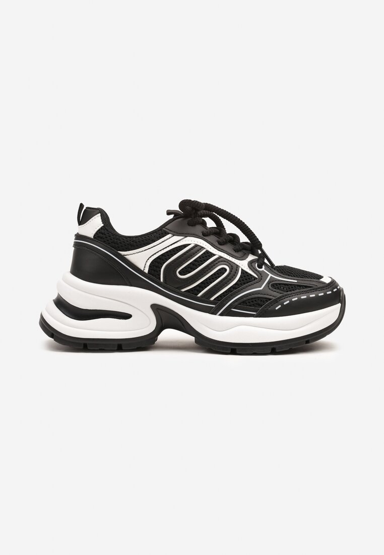 Czarne Sneakersy na Grubej Tłoczonej Podeszwie z Geometrycznym Wzorem Deliorith