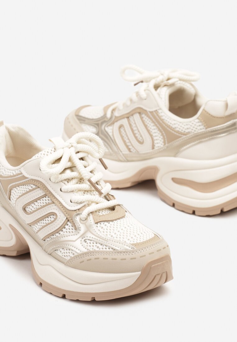 Beżowe Sneakersy na Grubej Tłoczonej Podeszwie z Geometrycznym Wzorem Deliorith