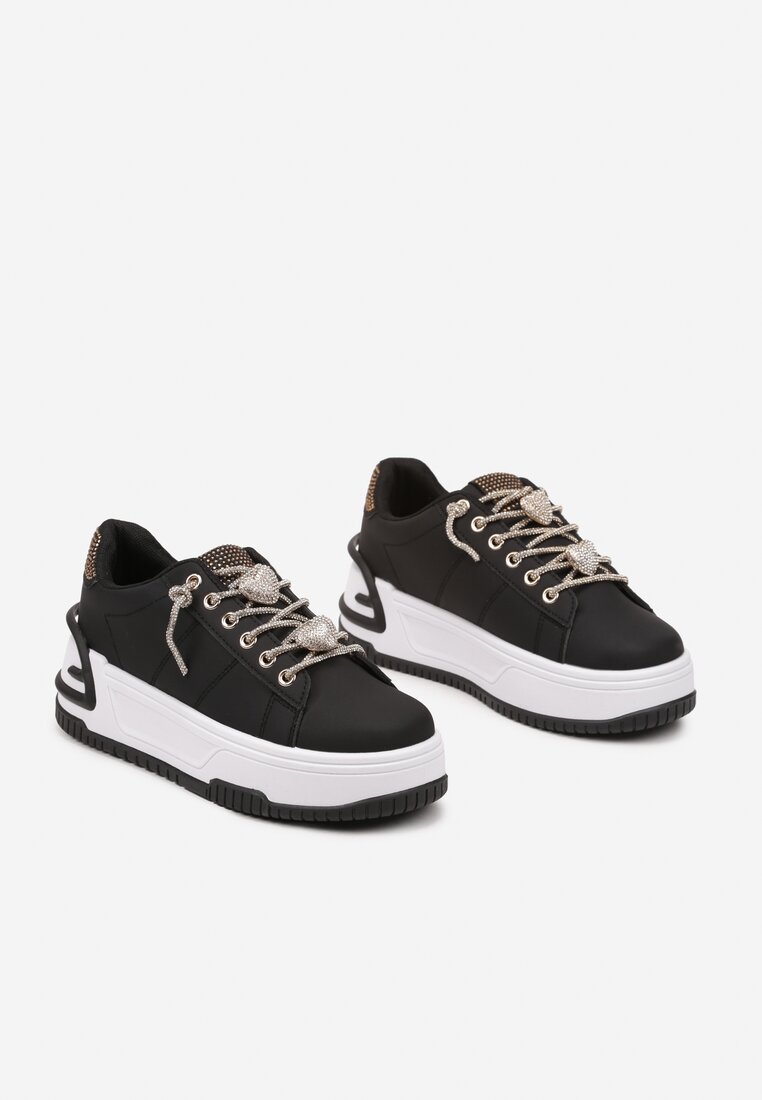 Czarne Sneakersy na Grubej Podeszwie z Cyrkoniami Deoliae