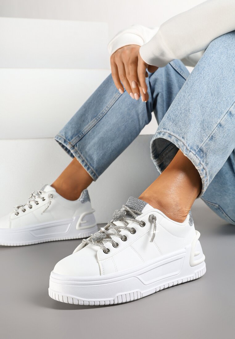 Białe Sneakersy na Grubej Podeszwie z Cyrkoniami Deoliae