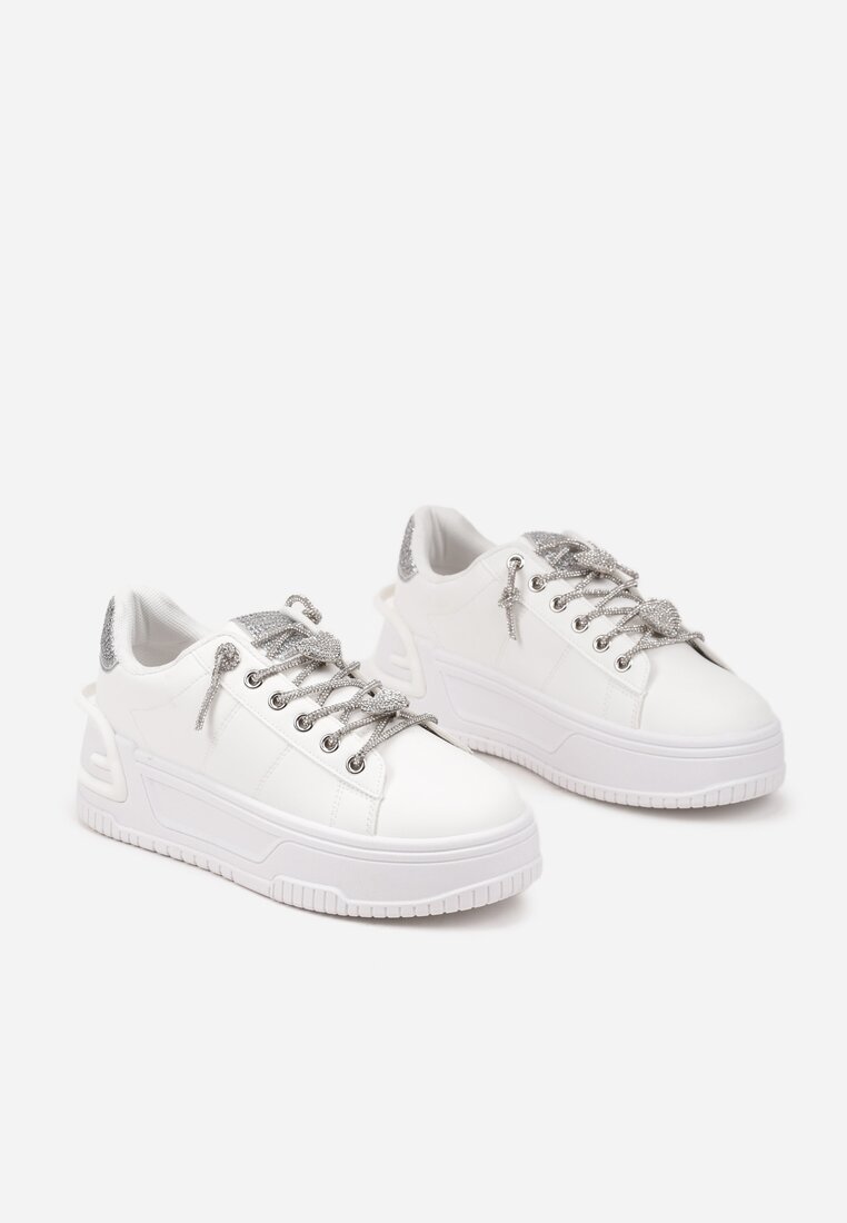 Białe Sneakersy na Grubej Podeszwie z Cyrkoniami Deoliae