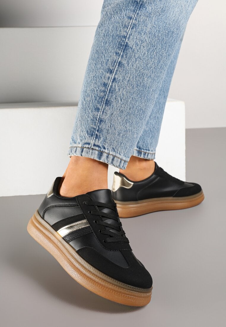 Czarne Sneakersy Tenisówki z Metalicznym Paskiem Hanalie