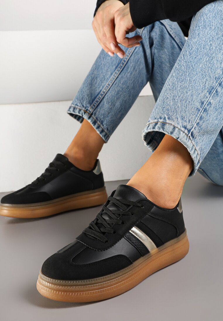 Czarne Sneakersy Tenisówki z Metalicznym Paskiem Hanalie