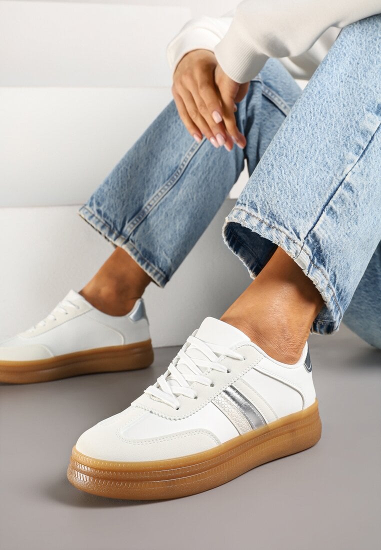 Białe Sneakersy Tenisówki z Metalicznym Paskiem Hanalie