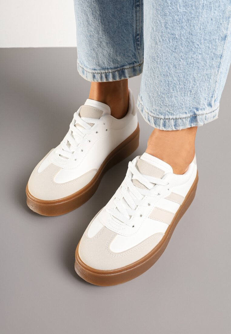 Beżowo-Białe Sneakersy w Stylu Tenisówek z Geometrycznym Wzorem Avelresil