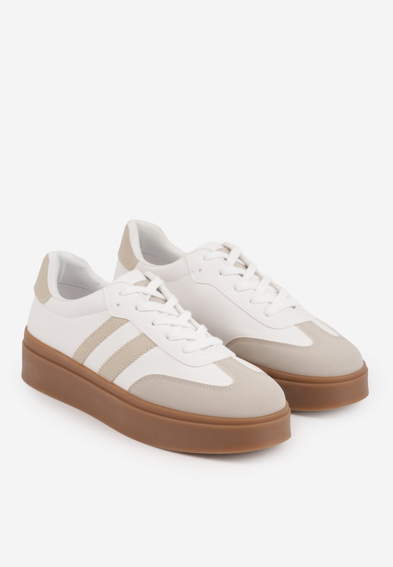 Beżowo-Białe Sneakersy w Stylu Tenisówek z Geometrycznym Wzorem Avelresil