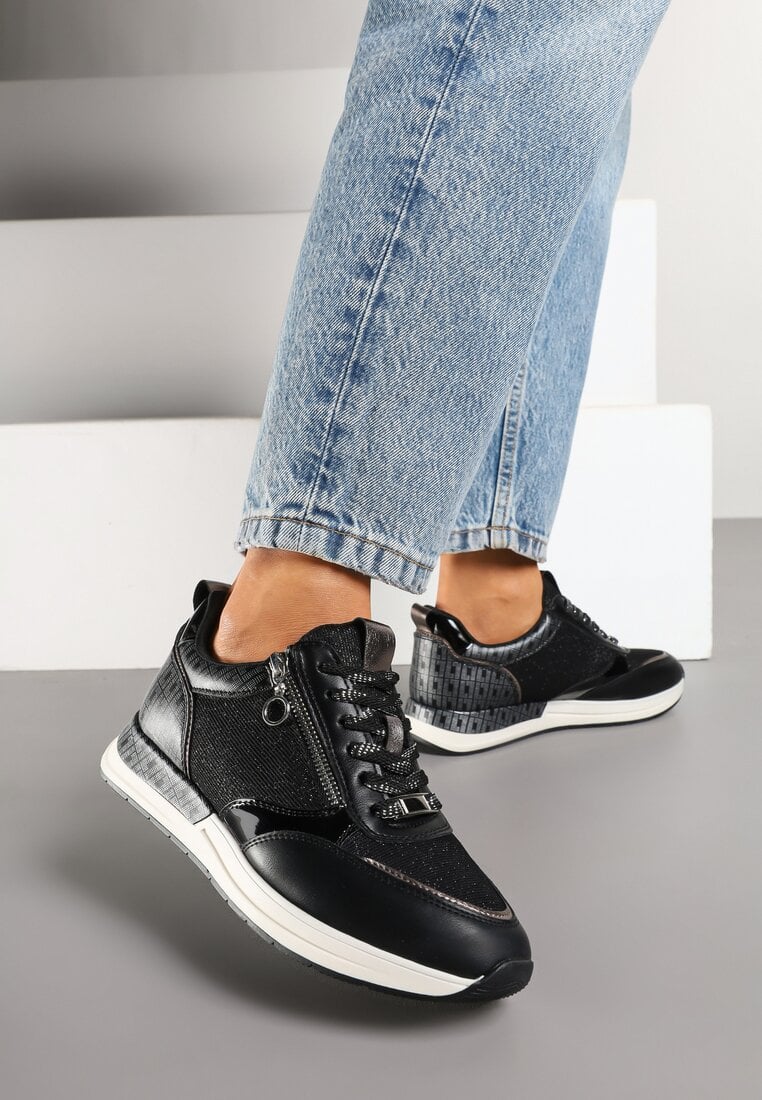 Czarne Sneakersy z Ozdobnym Suwakiem i Skórzaną Wkładką Hanviera