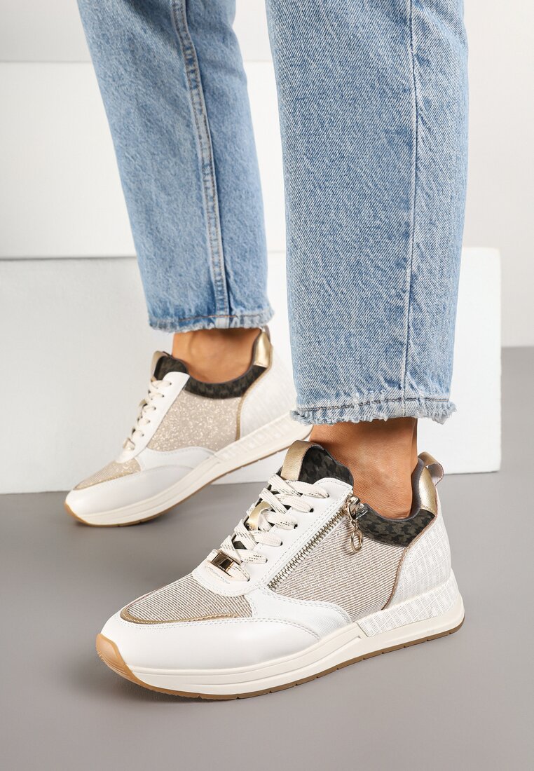 Beżowo-Złote Sneakersy z Ozdobnym Suwakiem i Skórzaną Wkładką Hanviera