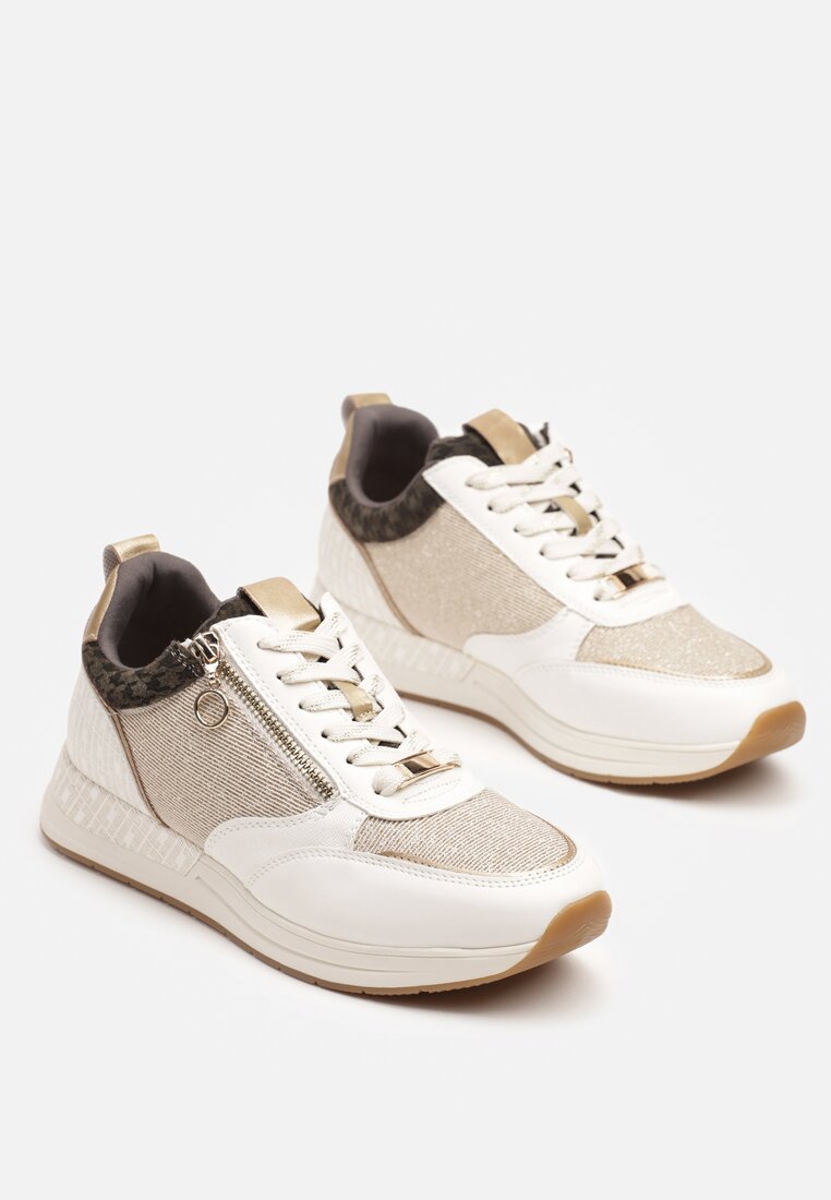 Beżowo-Złote Sneakersy z Ozdobnym Suwakiem i Skórzaną Wkładką Hanviera