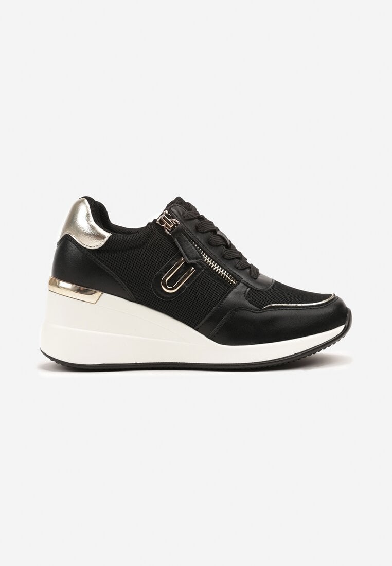 Czarne Sneakersy na Koturnie Zdobione Suwakiem Hanithiel