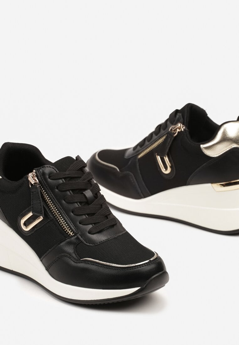 Czarne Sneakersy na Koturnie Zdobione Suwakiem Hanithiel